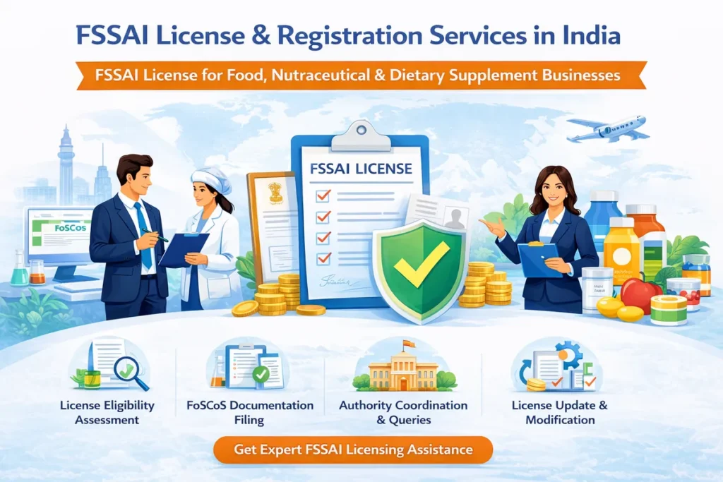 FSSAI license and registration services in India for food, nutraceutical, and dietary supplement businesses, including FoSCoS filing, documentation, authority coordination, and compliance support