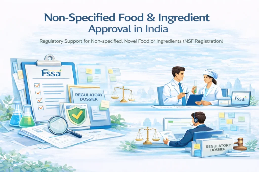 Non-specified food and ingredient approval services in India for novel foods, nutraceuticals, and dietary supplements, including scientific dossier preparation, regulatory submissions, and authority coordination