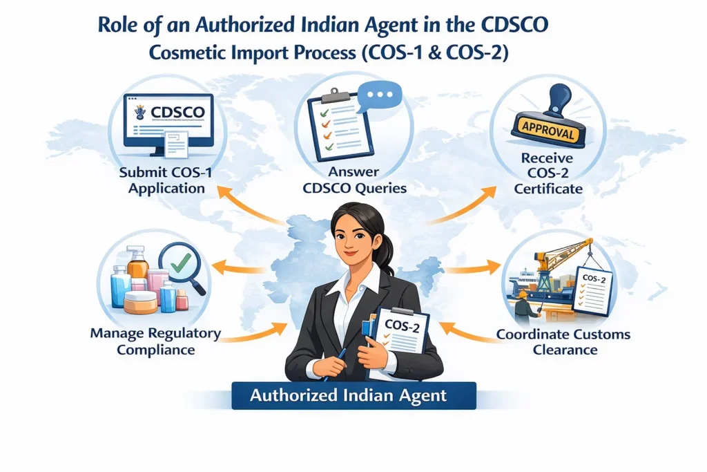 Infographic showing key responsibilities of an Authorized Indian Agent for CDSCO cosmetic import registration
