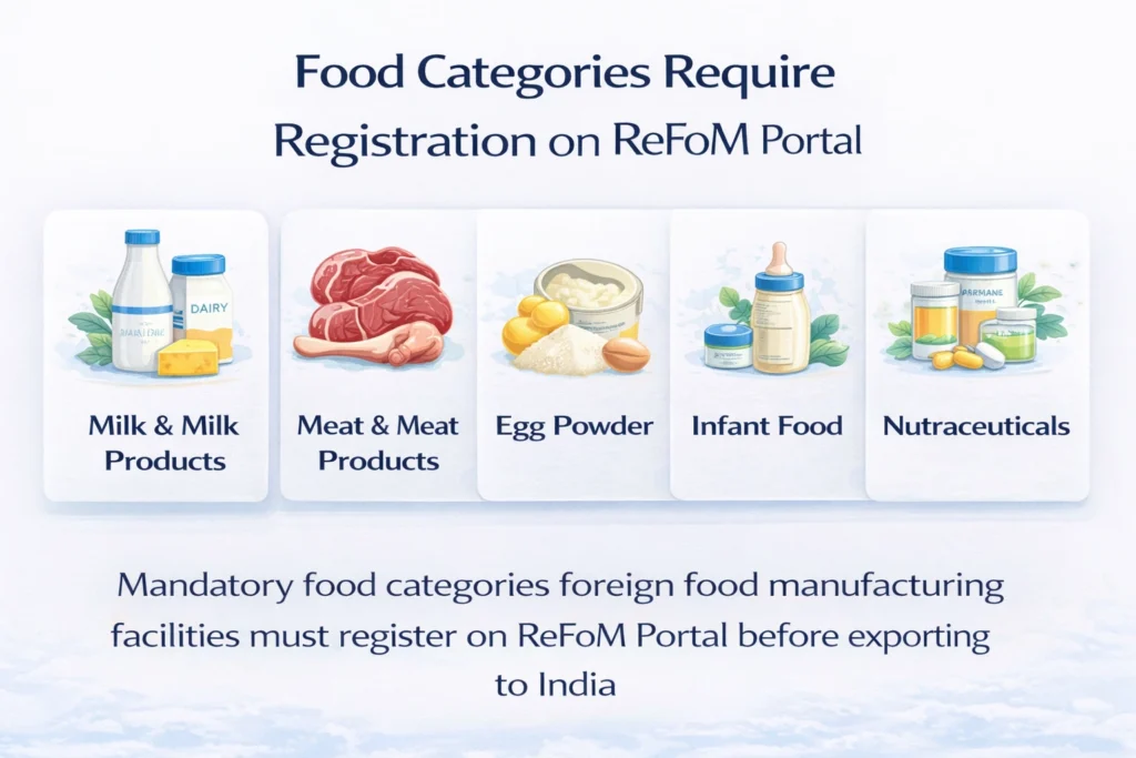 Food categories requiring foreign food manufacturing facility registration in India under FSSAI, including milk and milk products, meat and meat products, egg powder, infant food, and nutraceuticals