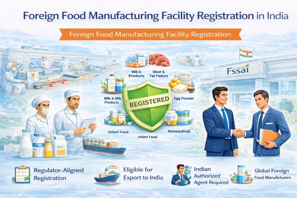 Foreign food manufacturing facility registration in India under FSSAI, showing overseas food manufacturers, regulated food categories, export eligibility, and compliance approval for importing food into India