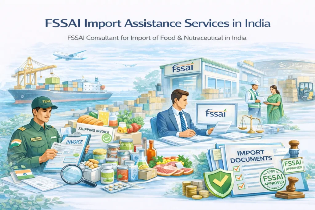 FSSAI import assistance services in India for food, nutraceutical, and dietary supplement products, showing customs clearance, documentation review, labeling compliance, and regulatory approval support