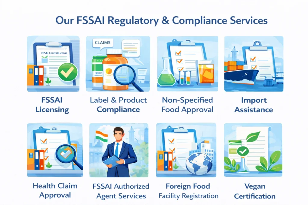 FSSAI regulatory and compliance services in India including FSSAI licensing, product compliance, non-specified food approval, import assistance, health claim approval, authorized agent services, foreign food facility registration, and vegan approval