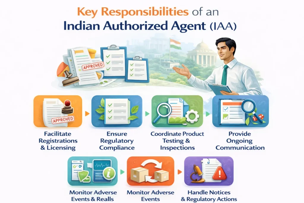 Key responsibilities of an Indian Authorized Agent in India including regulatory licensing, compliance management, inspections, authority communication, and post-market obligations