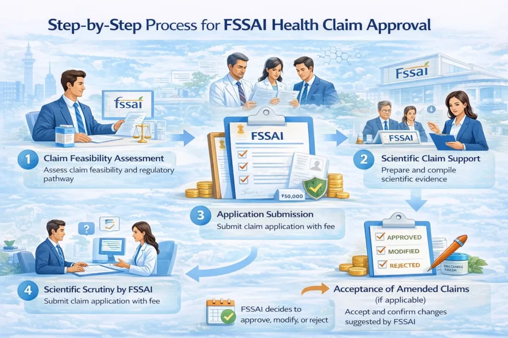 Step-by-step process for FSSAI health claim approval in India, including claim feasibility assessment, scientific dossier preparation, application submission, expert scrutiny, regulatory queries, and approval or modification decision