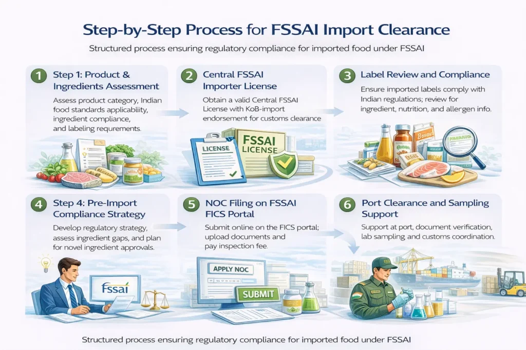 Step-by-step process for FSSAI import clearance in India, including product and ingredient assessment, central FSSAI importer license, label compliance, pre-import strategy, NOC filing on FICS portal, and port clearance support