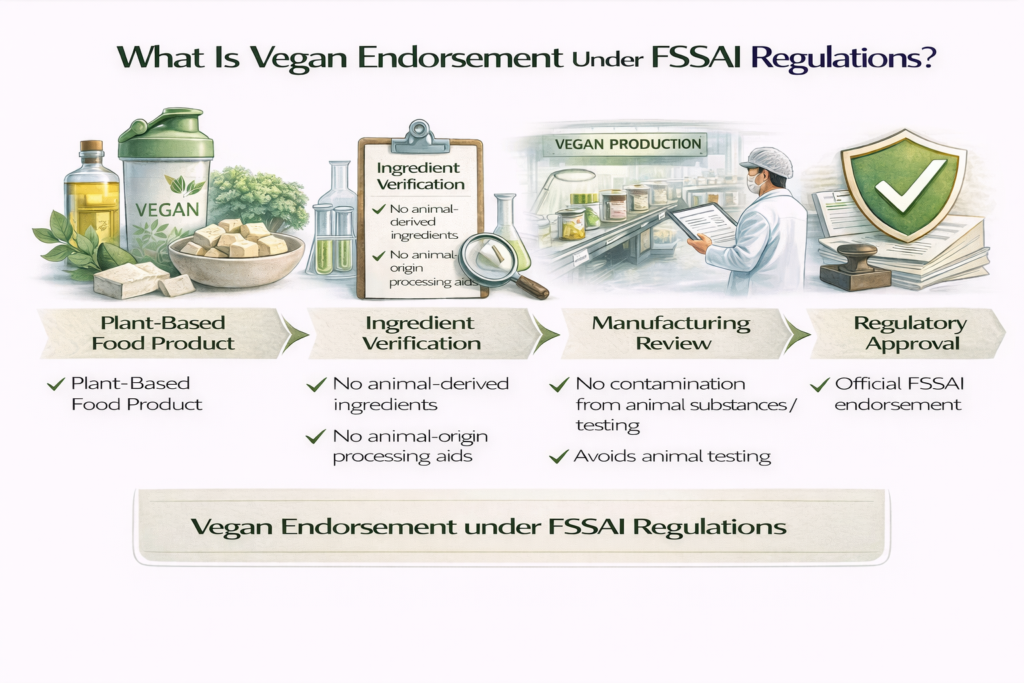 Infographic explaining what vegan endorsement under FSSAI regulations means, including plant-based ingredients, ingredient verification, manufacturing review, and regulatory approval