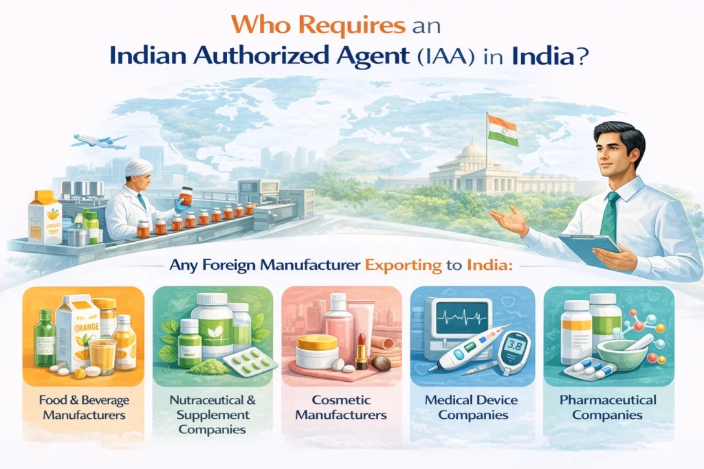 Industries that require an Indian Authorized Agent in India, including foreign food manufacturers, nutraceutical companies, cosmetic manufacturers, medical device companies, and pharmaceutical manufacturers