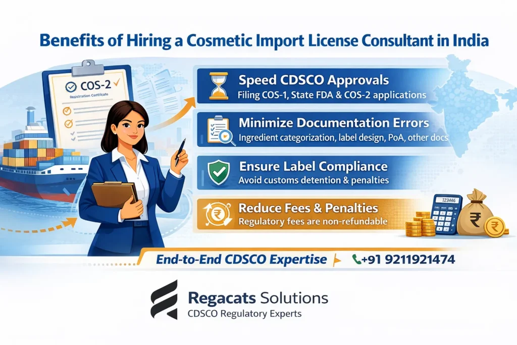 Infographic showing benefits of hiring a CDSCO cosmetic import License consultant for India