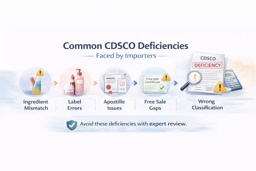 Common CDSCO deficiencies faced by cosmetic importers including ingredient mismatch, label errors, apostille issues, free sale certificate gaps, and wrong classification