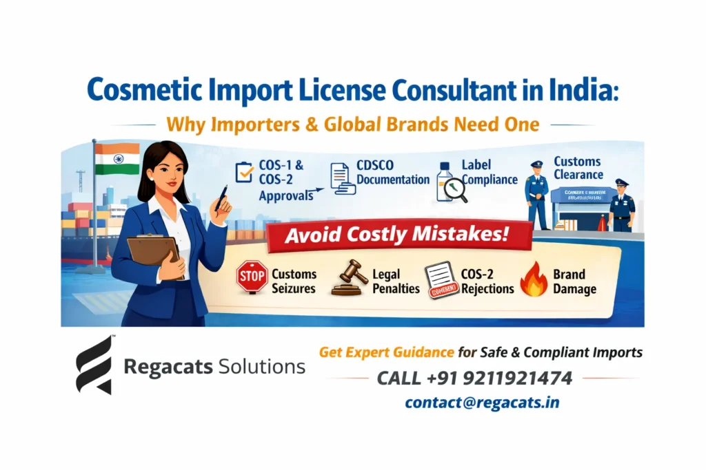 Infographic showcasing the role and benefits of a CDSCO Cosmetic Import License Consultant in India by Regacats Solutions