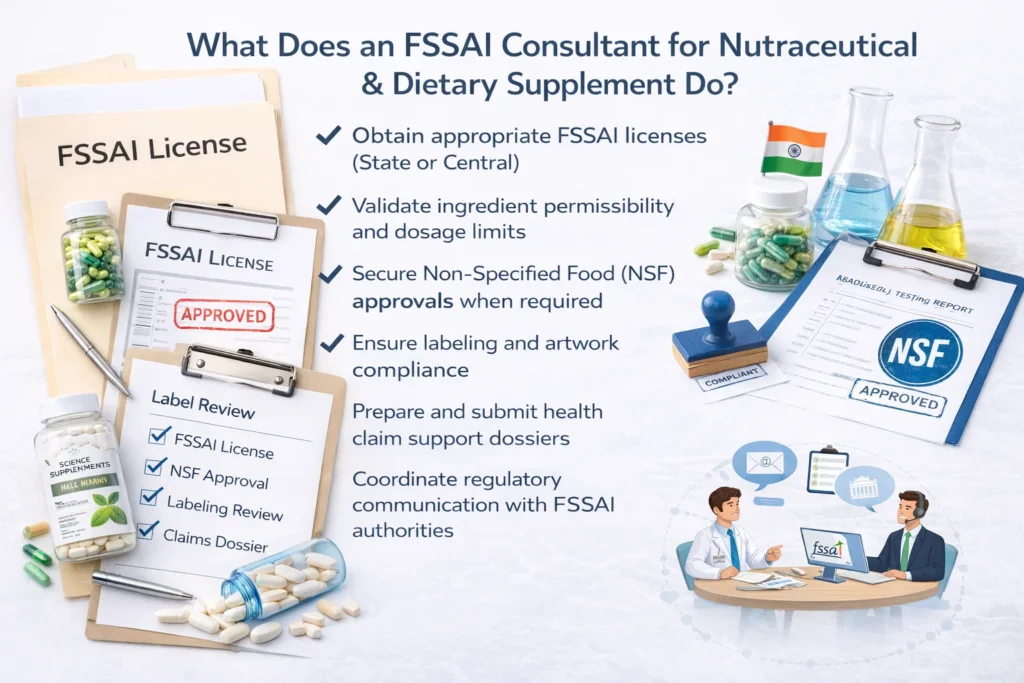 FSSAI Consultant for Nutraceutical providing licensing, NSF approval, labeling compliance and health claim support services in India