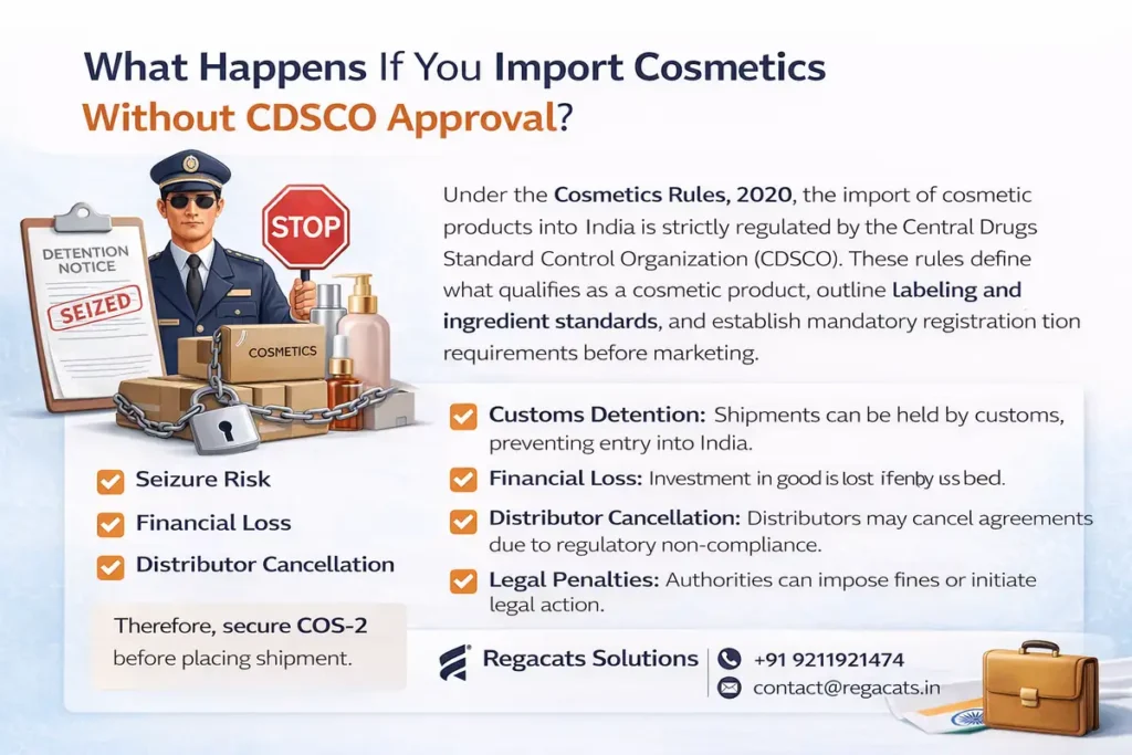 Consequences of importing cosmetics into India without COS-2 registration including customs detention, seizure, penalties and financial loss