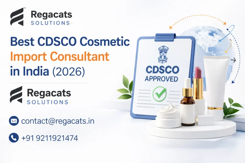 Regacats Solutions CDSCO approved cosmetic import consultant in India with cosmetic products and compliance illustration