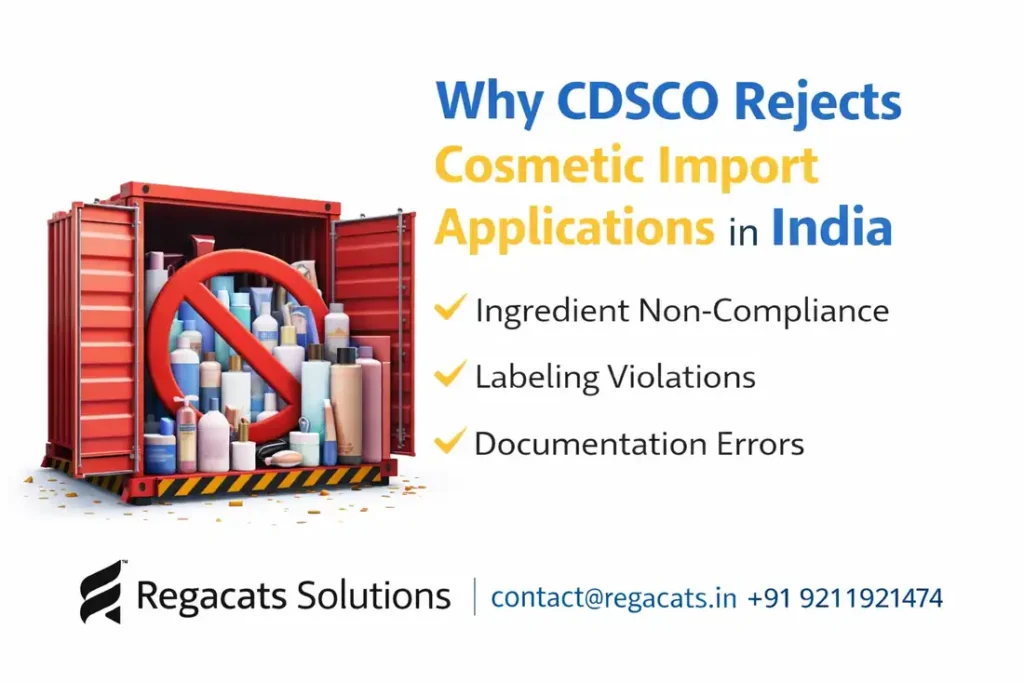 Why CDSCO rejects cosmetic import applications in India infographic showing ingredient non-compliance, labeling violations and documentation errors