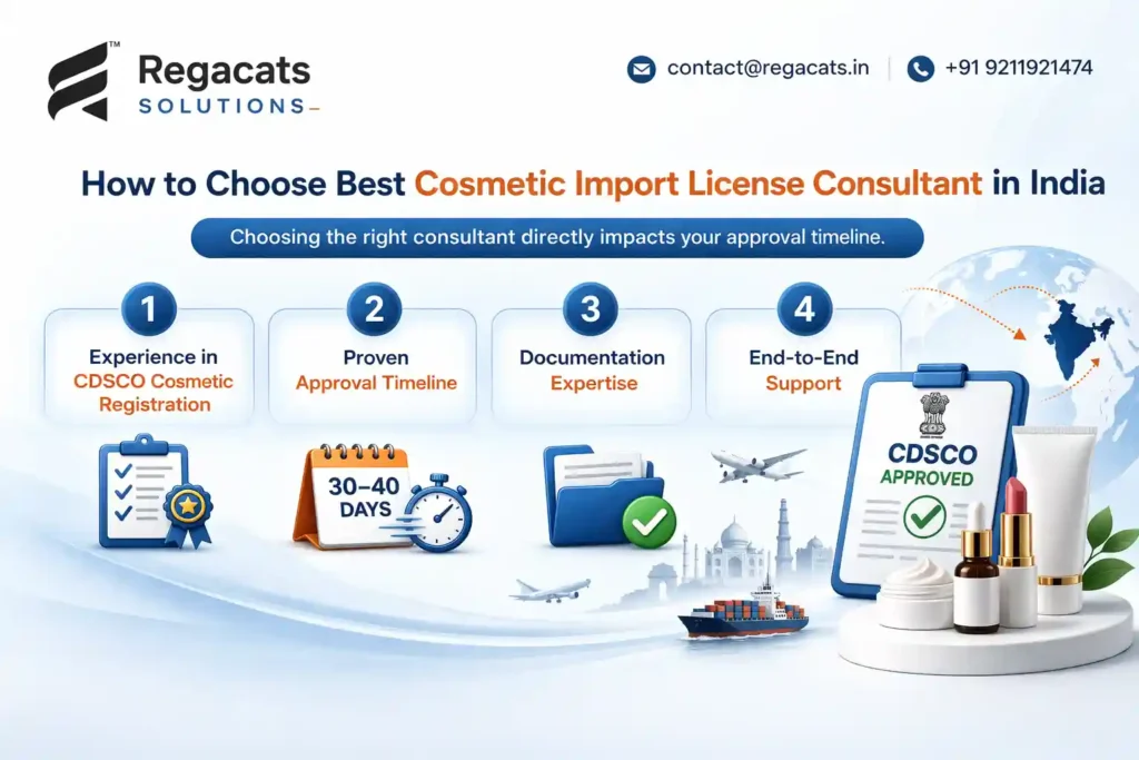 Infographic showing how to choose the best cosmetic import license consultant in India with CDSCO approval process by Regacats Solutions