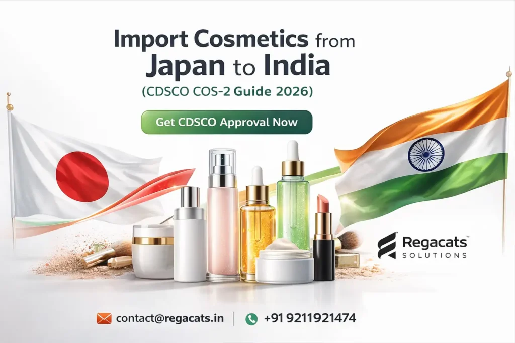 Import cosmetics from Japan to India CDSCO COS-2 guide by Regacats Solutions with Japan and India flags and cosmetic products
