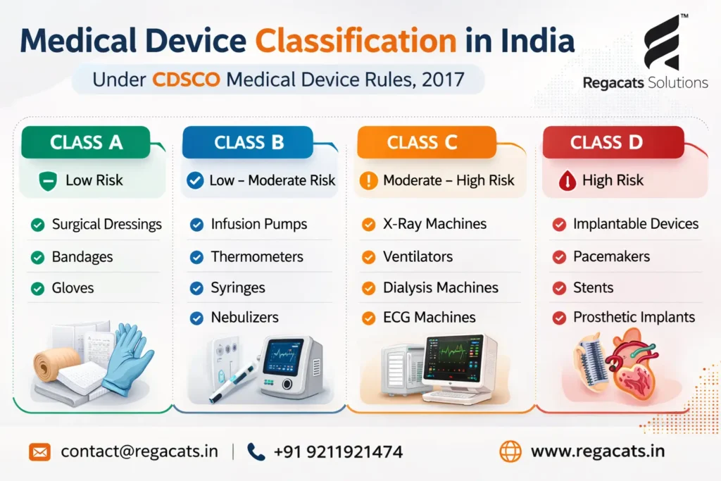 Medical device classification in India under CDSCO Medical Device Rules 2017 showing Class A B C and D risk categories