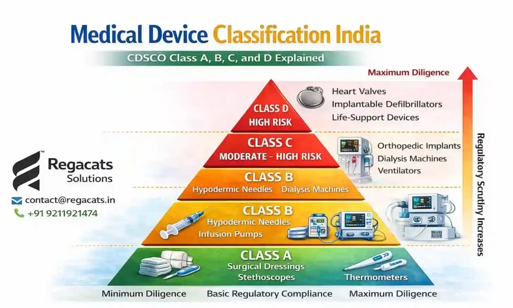 medical device classification India pyramid showing CDSCO Class A Class B Class C and Class D risk levels
