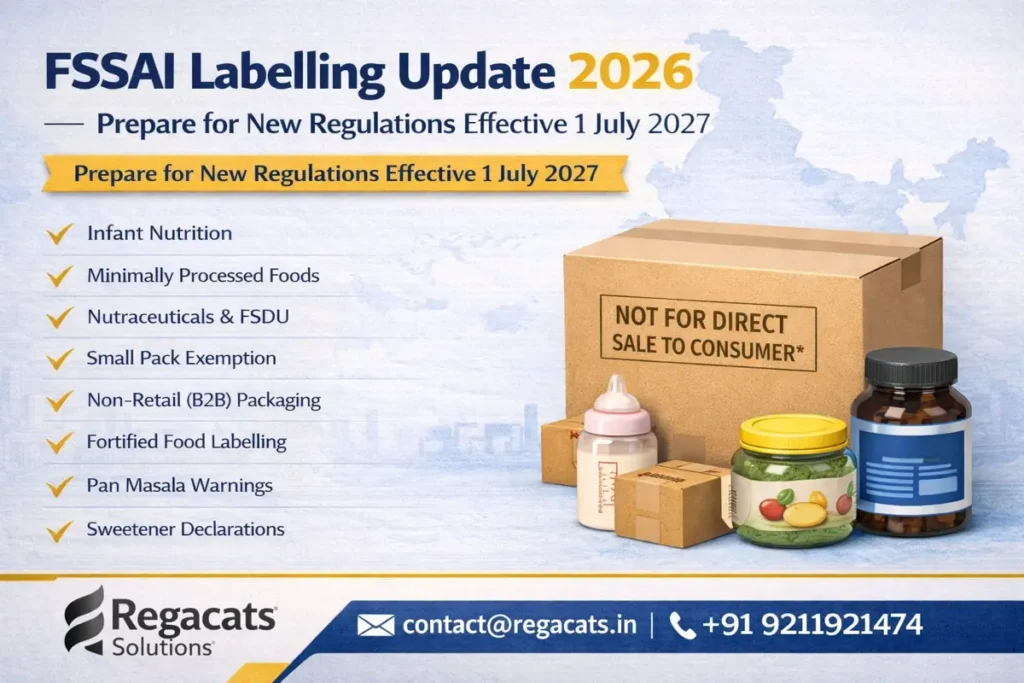FSSAI Labelling Update 2026 infographic highlighting new regulations effective July 2027 with key compliance areas and Regacats Solutions contact details