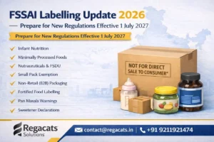 FSSAI Labelling Update 2026 infographic highlighting new regulations effective July 2027 with key compliance areas and Regacats Solutions contact details