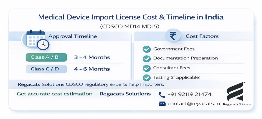 medical device import license cost and timeline India CDSCO MD14 MD15 approval timeline