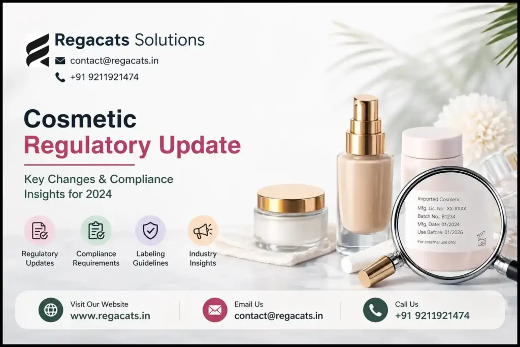 Cosmetic regulatory update banner showing labeling and compliance requirements for imported cosmetic products in India by Regacats Solutions