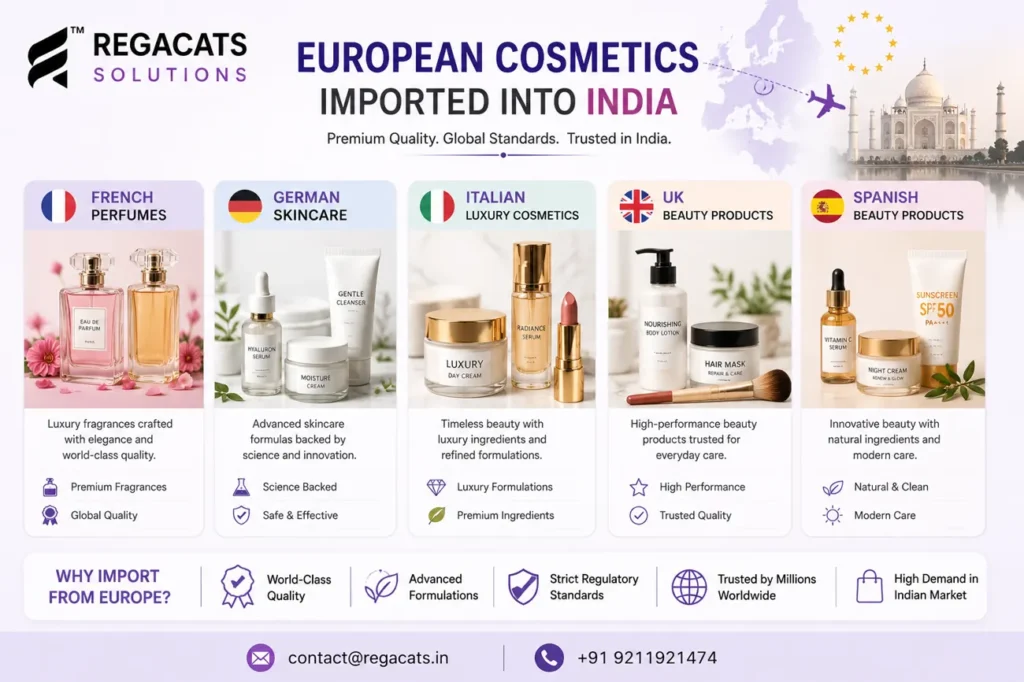 European cosmetics imported into India including French perfumes, German skincare, Italian luxury cosmetics, UK beauty products, and Spanish skincare products