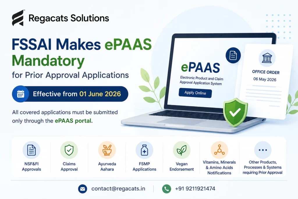 Regacats Solutions infographic explaining the FSSAI ePAAS mandatory filing update effective from 01 June 2026 for prior approval applications, claims approval, NSF&FI, FSMP, Ayurveda Aahara, Vegan Endorsement, and nutrient notifications.