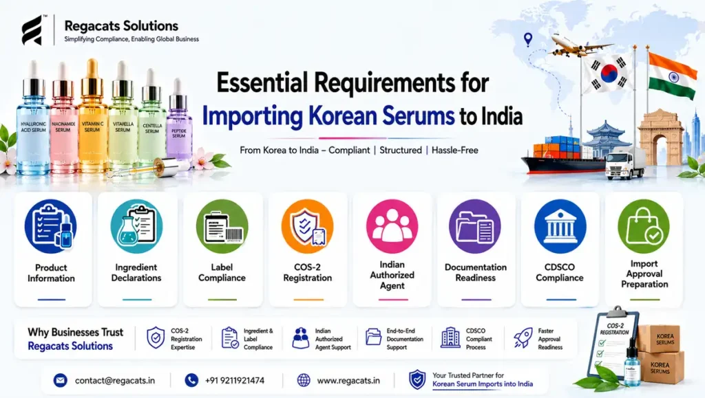 Essential requirements for importing Korean serums to India including COS-2 registration, Indian authorized agent, ingredient declarations, label compliance, documentation readiness, and CDSCO compliance