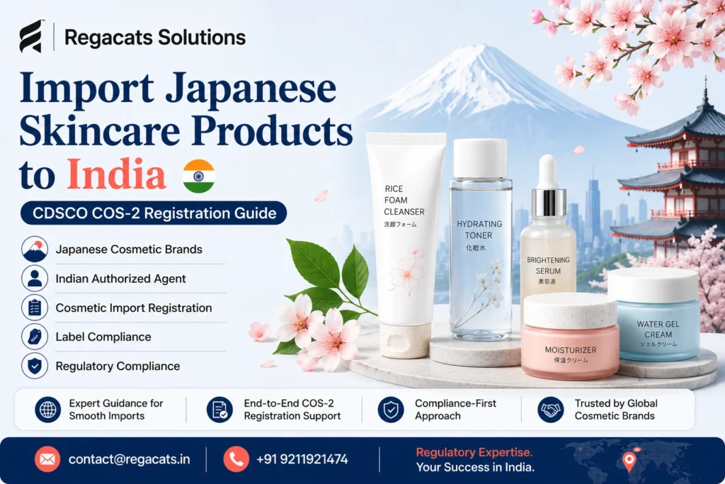 Japanese Sunscreen Import Registration in India with CDSCO COS-2 compliance guidance, labeling support, Indian Authorized Agent assistance, and cosmetic import registration services by Regacats Solutions.