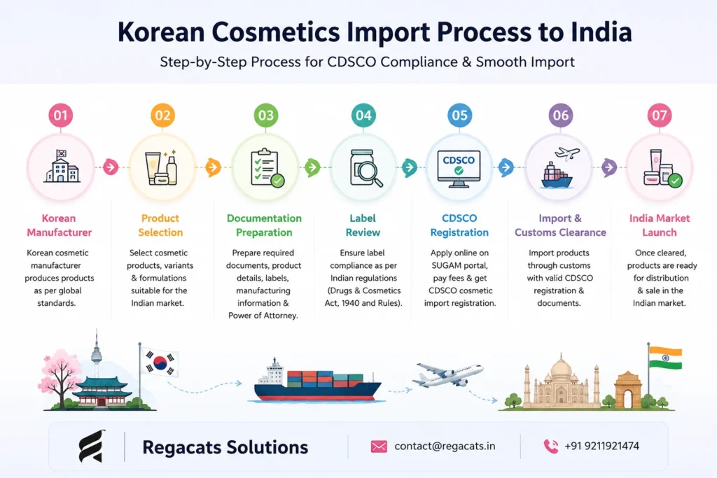 Korean cosmetics import process to India including CDSCO registration, documentation preparation, label review, customs clearance, and India market launch