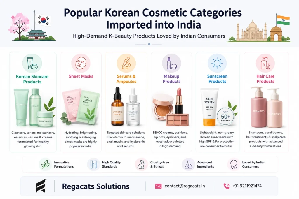 Popular Korean skincare and beauty products imported into India including sheet masks, serums, sunscreen, makeup products, and hair care products