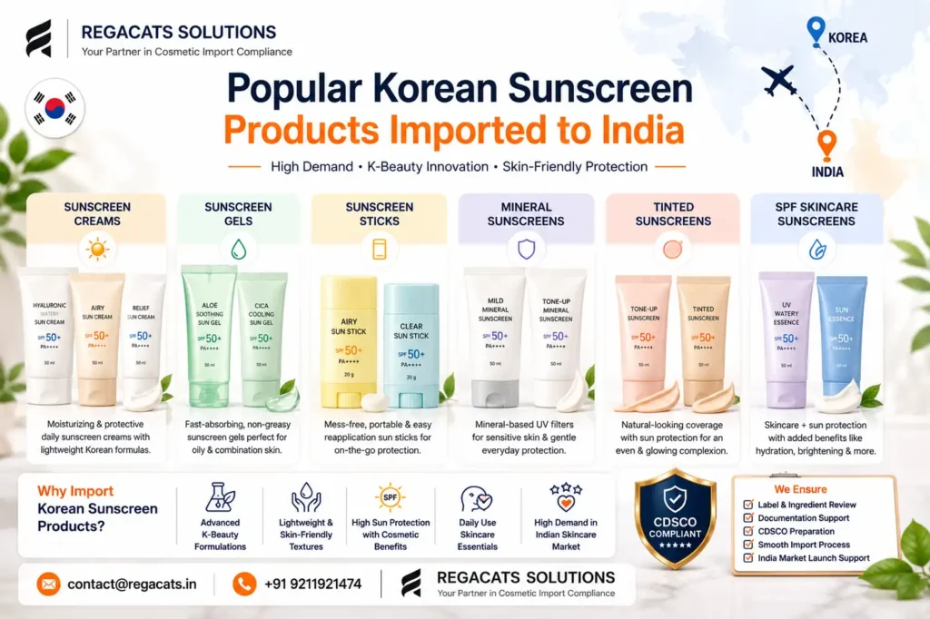 Popular Korean sunscreen products imported into India including sunscreen creams, sunscreen gels, mineral sunscreens, sunscreen sticks, tinted sunscreens, and SPF skincare products