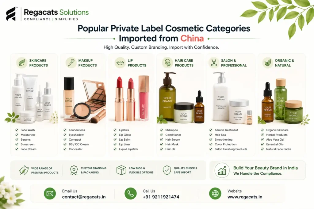 Popular private label cosmetic categories imported from China including skincare, makeup, lip products, hair care, salon products, and organic cosmetics