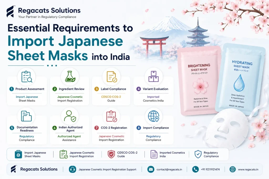 Essential requirements to import Japanese sheet masks into India including product assessment, ingredient review, label compliance, documentation readiness, Indian Authorized Agent support, and CDSCO COS-2 registration preparation.