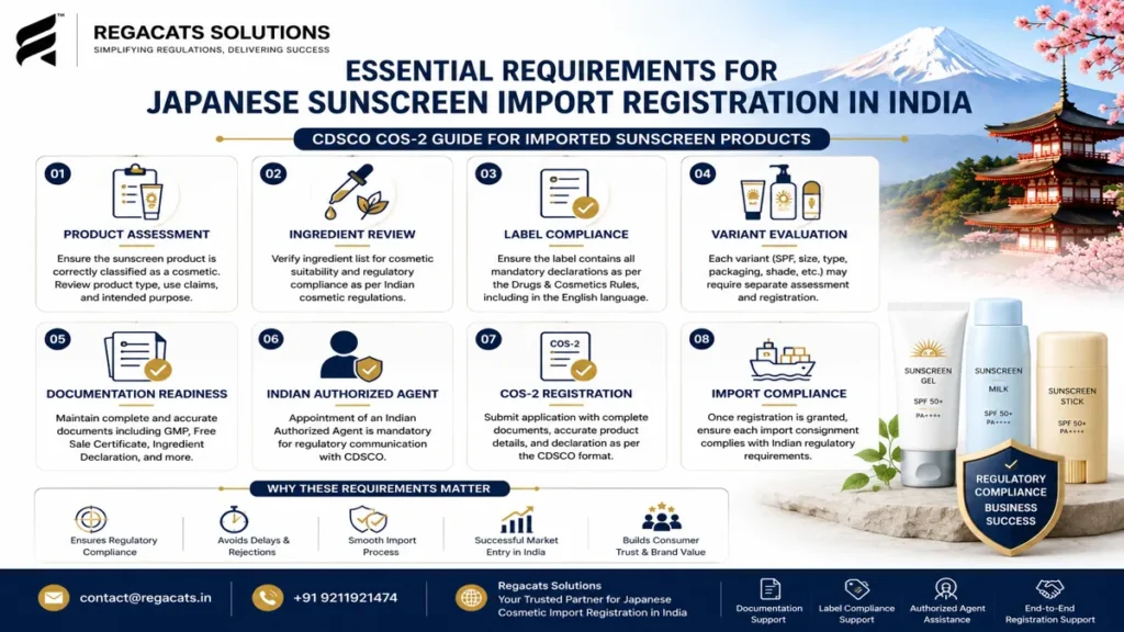 Essential requirements for Japanese sunscreen import registration in India including product assessment, ingredient review, label compliance, variant evaluation, documentation readiness, Indian Authorized Agent support, COS-2 registration preparation, and import compliance.