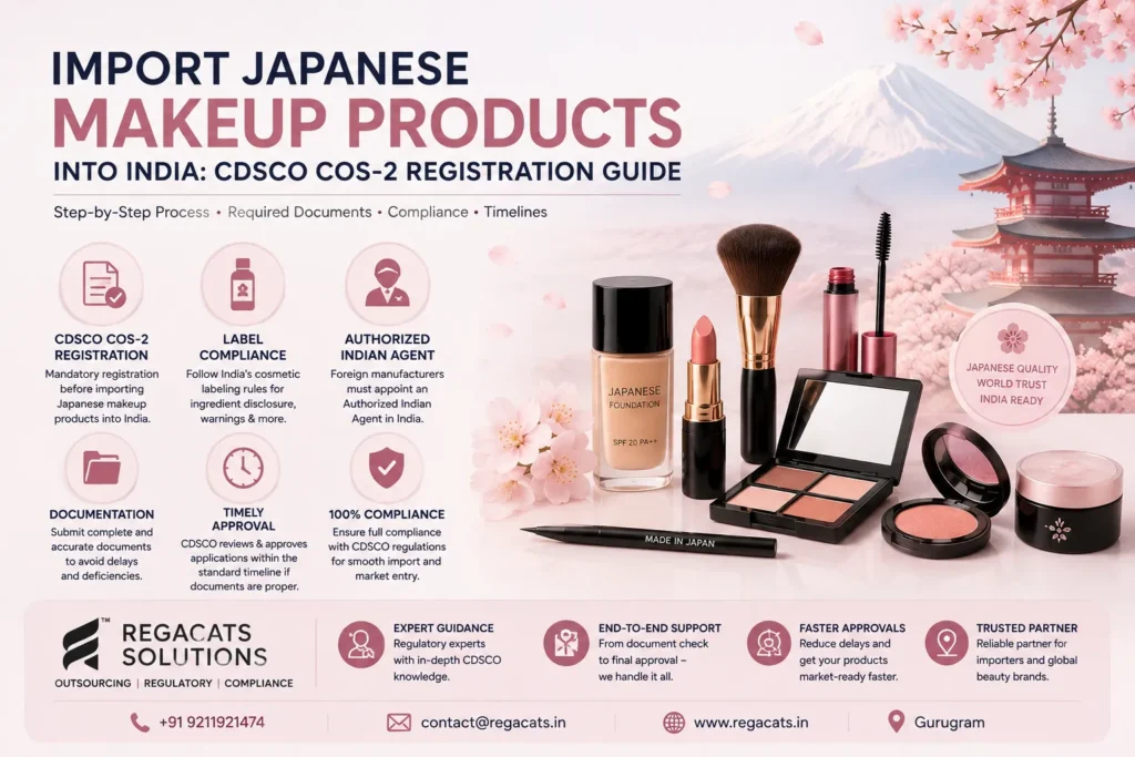 Japanese makeup import registration process in India showing CDSCO COS-2 registration, cosmetic labeling compliance, Authorized Indian Agent requirements, documentation preparation, and regulatory support by Regacats Solutions.