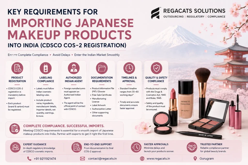 Key requirements to import Japanese makeup products into India including CDSCO COS-2 registration, cosmetic labeling compliance, documentation requirements, Authorized Indian Agent appointment, and quality compliance guidance by Regacats Solutions.
